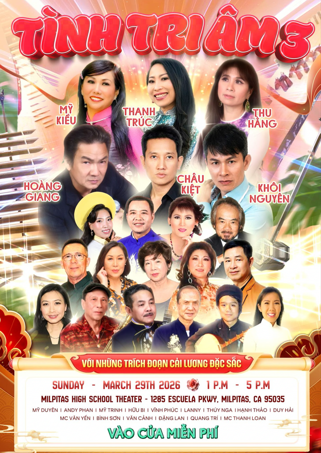 Poster for a Tình Tri Âm performance at Milpitas High School Theater on March 29, 2026